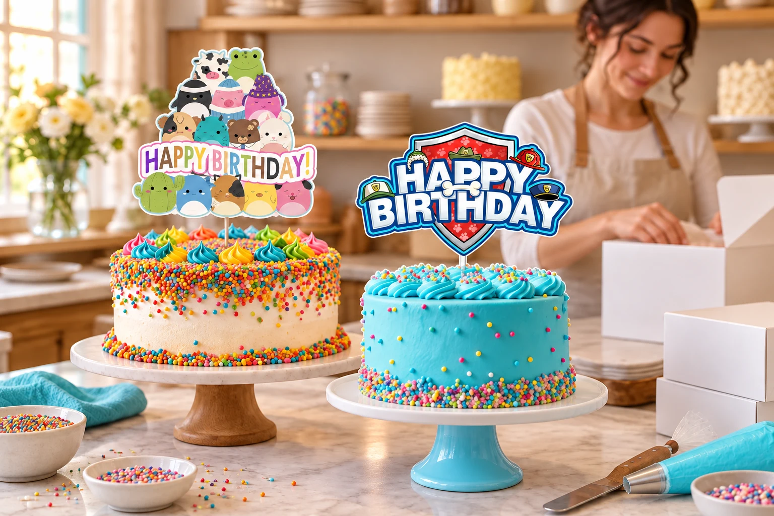 Illustrative bakery counter scene with DeePop SquishyMellow and Puppy Patrol toppers on a sprinkle cake and a blue birthday cake