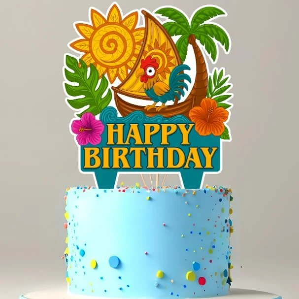 Island Adventure birthday cake topper displayed on a cake
