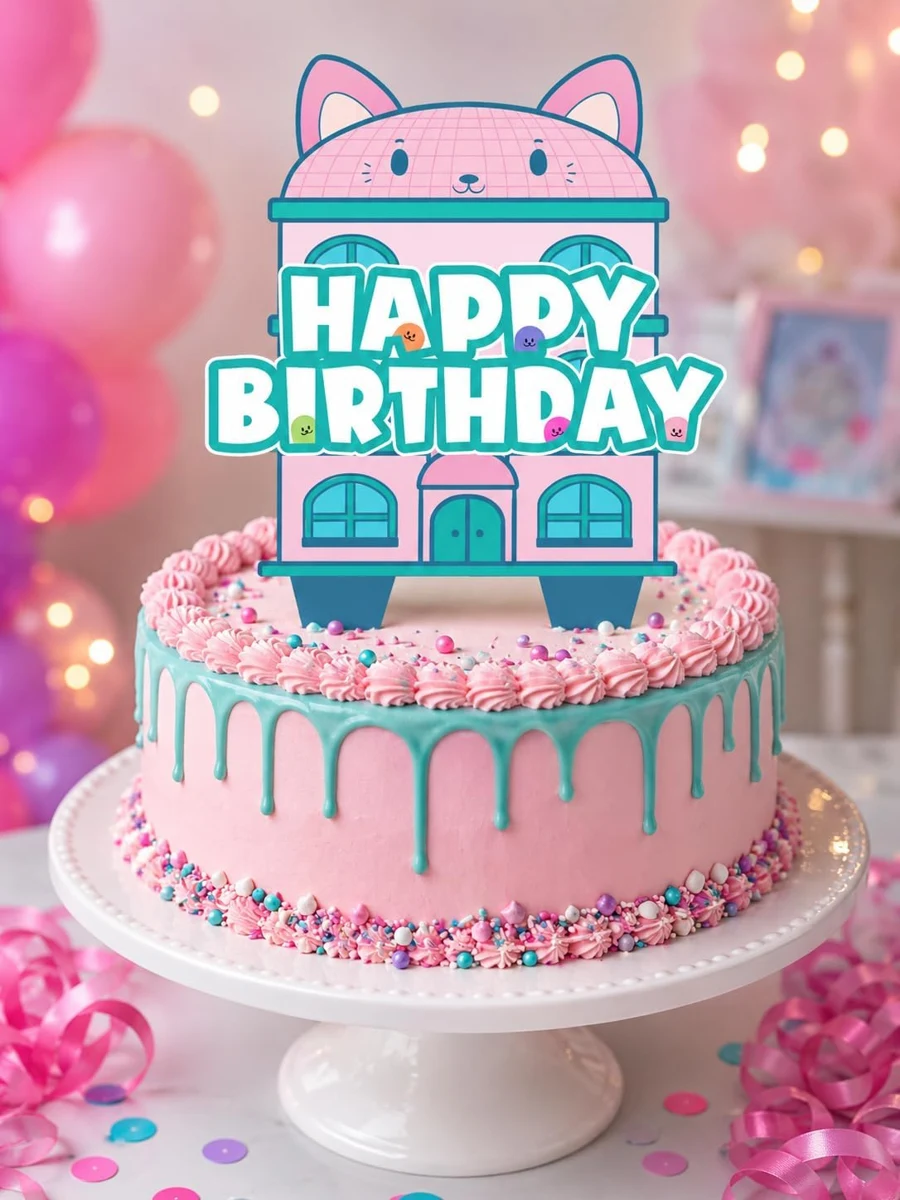 Pink Cat House birthday cake topper displayed on a cake