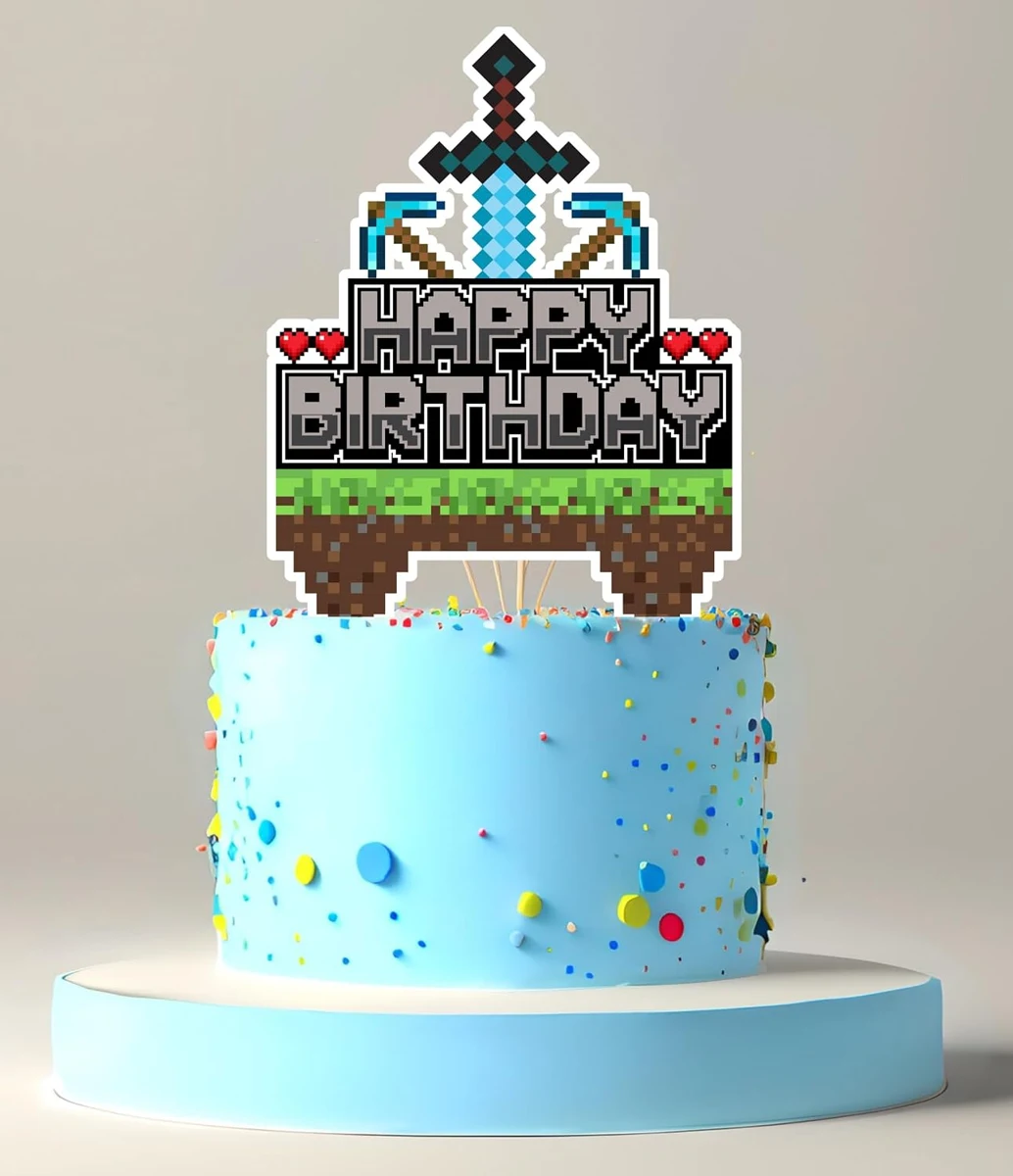 Mining Pixel Gamer birthday cake topper displayed on a cake