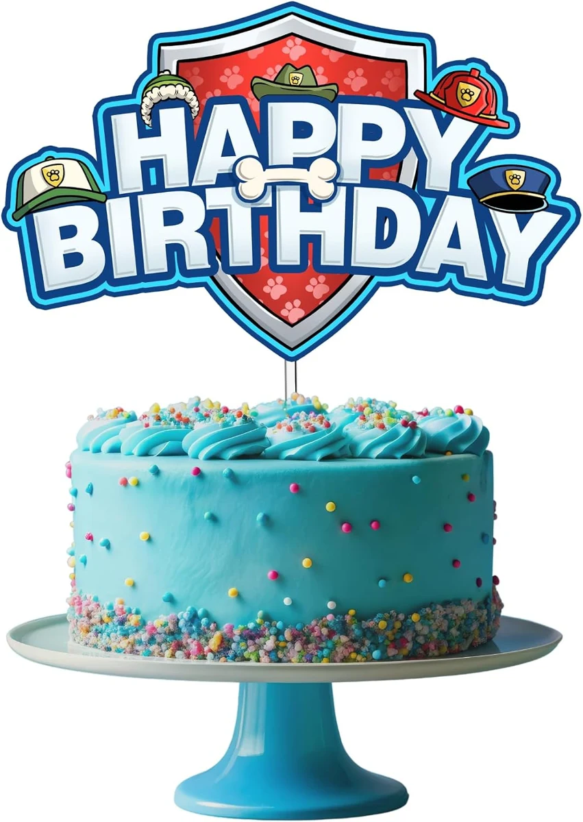 Puppy Patrol topper on a blue birthday cake
