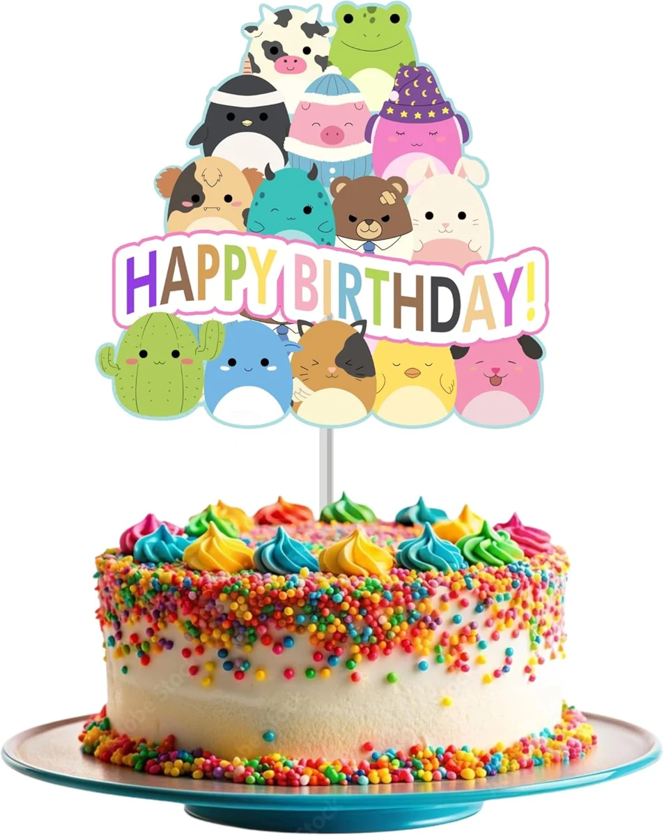 SquishyMellow birthday cake topper displayed on a cake